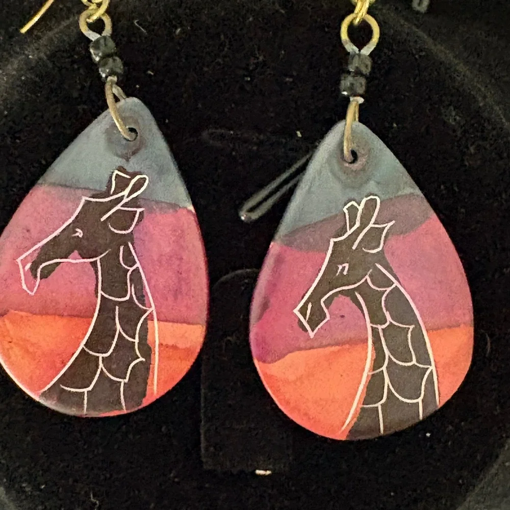 Handmade Giraffe Sunset Teardrop Dangle‎ Earrings Multicolor Artisan Jewelry